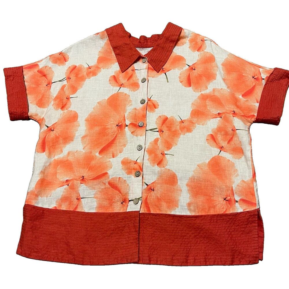 Yuvita 100% Linen Shirt Orange Floral Poppy Top Size XS Boxy Lagenlook Boho